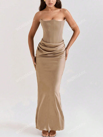 Women Satin Bandeau Pleated Patchwork Maxi Elegant Dress