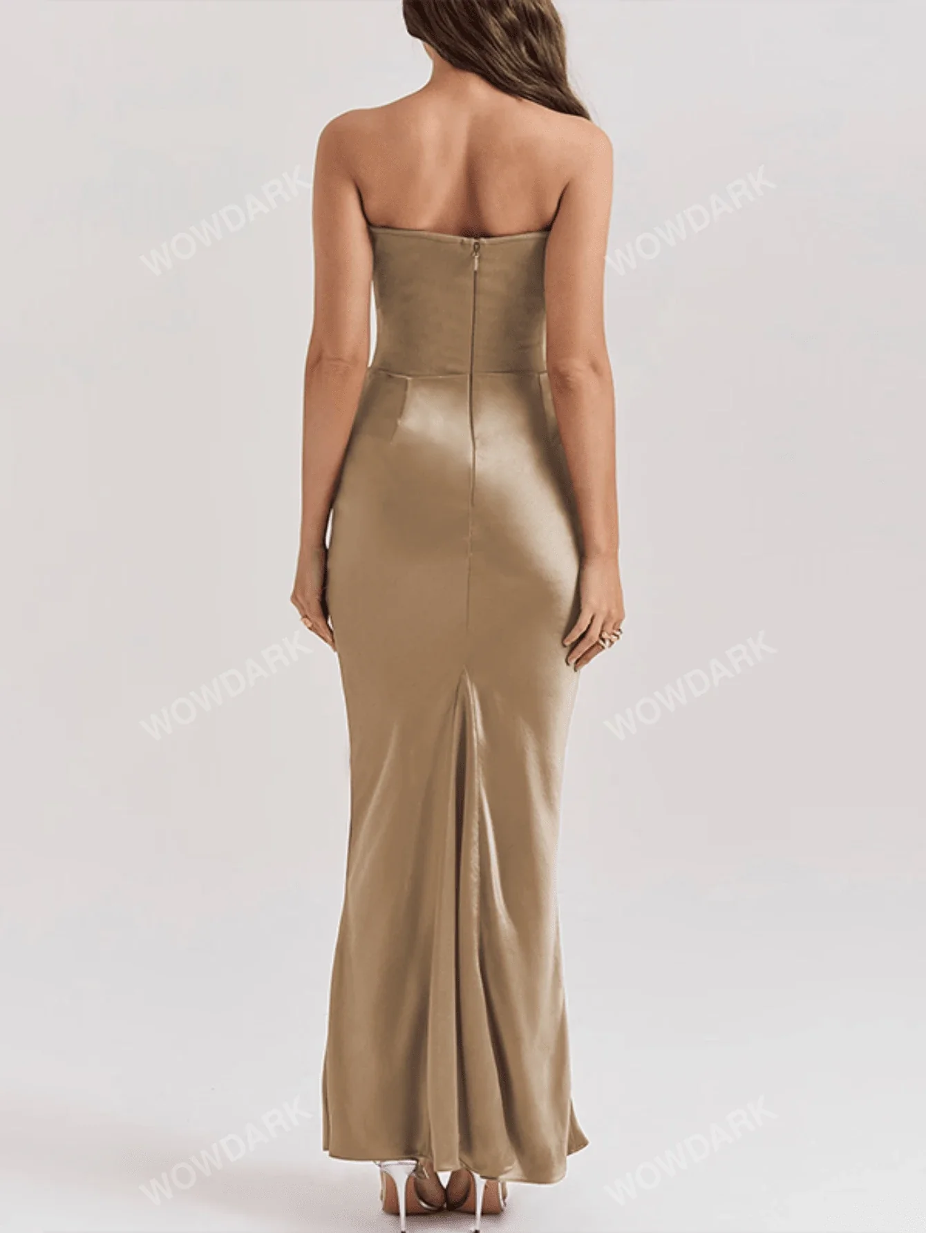 Women Satin Bandeau Pleated Patchwork Maxi Elegant Dress
