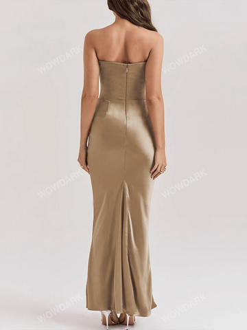 Women Satin Bandeau Pleated Patchwork Maxi Elegant Dress