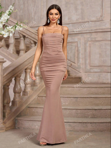 PARTHEA Solid Ruched Bodycon Formal Gown