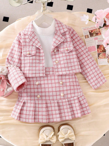 3pcs Young Girl Elegant School Style Floral Print Long Sleeve Coat, Blouse,Pleated Skirt Set