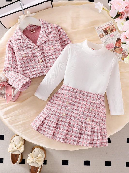 3pcs Young Girl Elegant School Style Floral Print Long Sleeve Coat, Blouse,Pleated Skirt Set