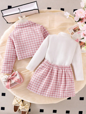 3pcs Young Girl Elegant School Style Floral Print Long Sleeve Coat, Blouse,Pleated Skirt Set