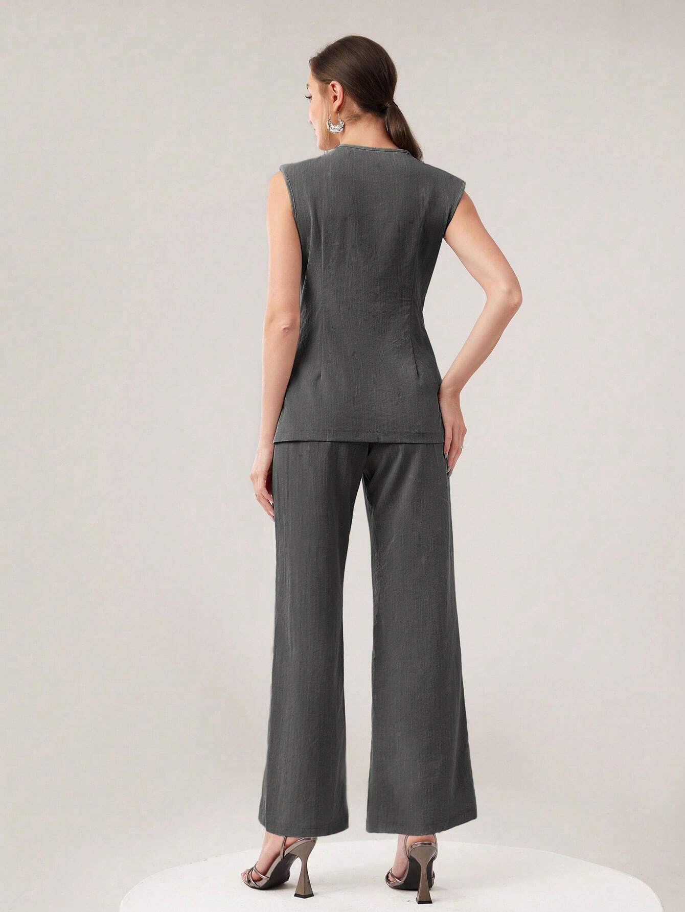 Mulvari Women's Fashionable Summer Simple Commuter Vest And Long Pants 2pcs/Set