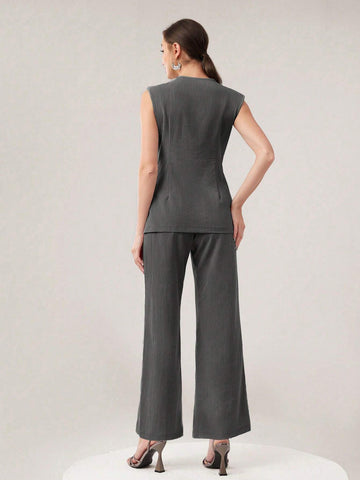 Mulvari Women's Fashionable Summer Simple Commuter Vest And Long Pants 2pcs/Set