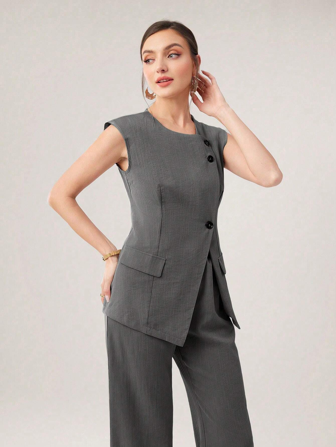 Mulvari Women's Fashionable Summer Simple Commuter Vest And Long Pants 2pcs/Set