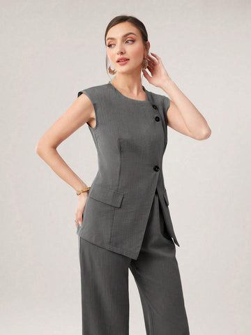 Mulvari Women's Fashionable Summer Simple Commuter Vest And Long Pants 2pcs/Set