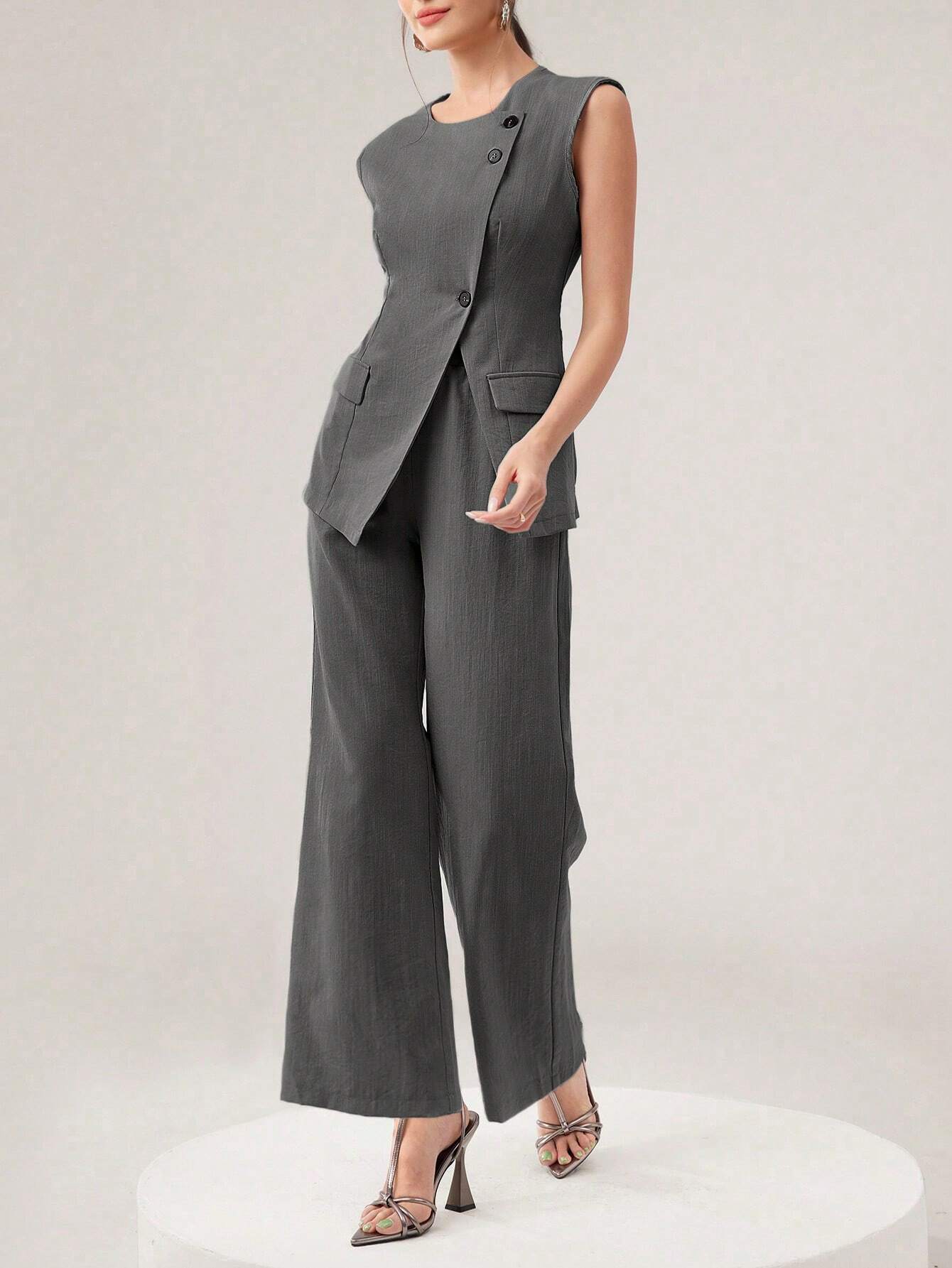 Mulvari Women's Fashionable Summer Simple Commuter Vest And Long Pants 2pcs/Set