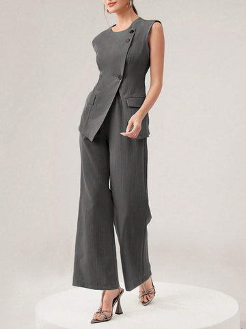 Mulvari Women's Fashionable Summer Simple Commuter Vest And Long Pants 2pcs/Set