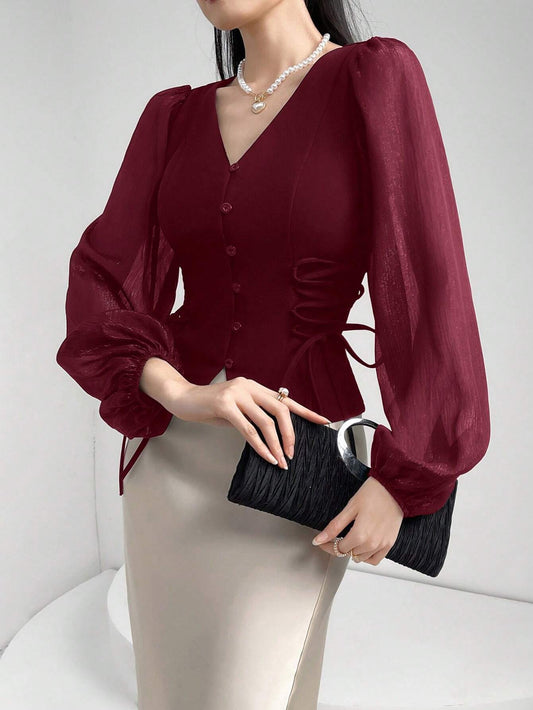 Women's Solid Color Button Decor Side Tie Waist Mesh Lantern Sleeve Elegant Blouse