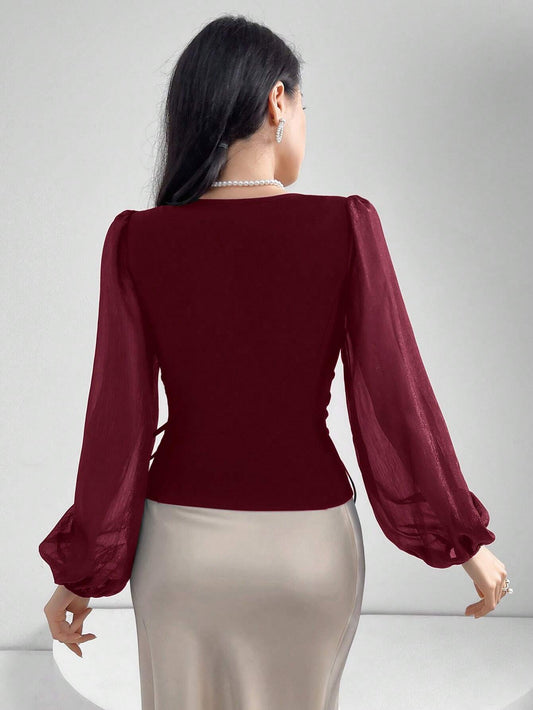 Women's Solid Color Button Decor Side Tie Waist Mesh Lantern Sleeve Elegant Blouse