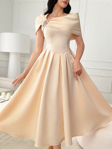 Modelyn Ladies Solid Color Asymmetrical Neckline Dress With Rhinestone Embellishment
