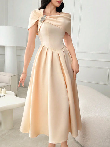 Modelyn Ladies Solid Color Asymmetrical Neckline Dress With Rhinestone Embellishment