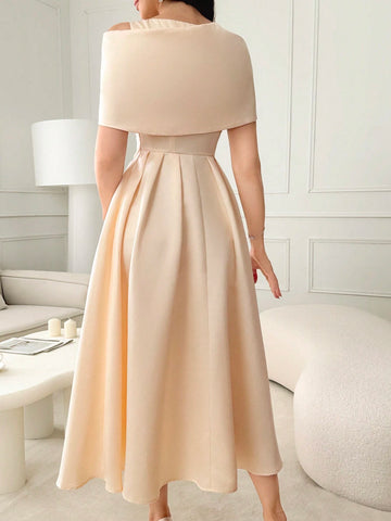 Modelyn Ladies Solid Color Asymmetrical Neckline Dress With Rhinestone Embellishment