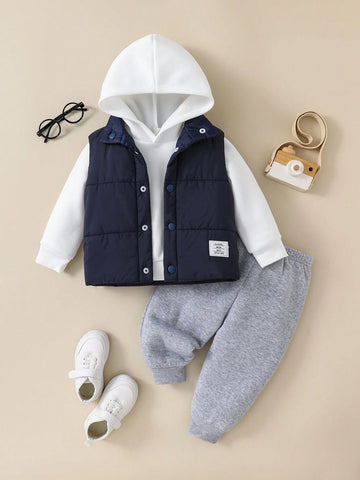 3pcs/Set Baby Boy Casual Cute Knitted Long Sleeve Hooded Sweatshirt, Elastic Waist Jogger Pants And Fleece Lined Vest