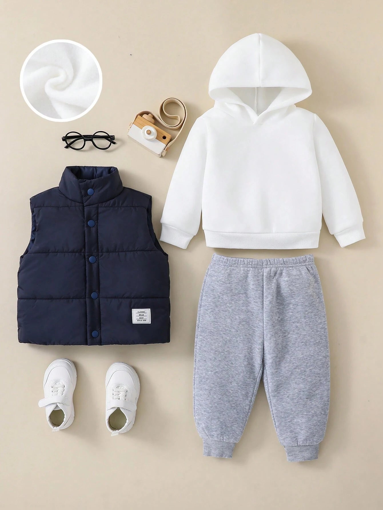 3pcs/Set Baby Boy Casual Cute Knitted Long Sleeve Hooded Sweatshirt, Elastic Waist Jogger Pants And Fleece Lined Vest