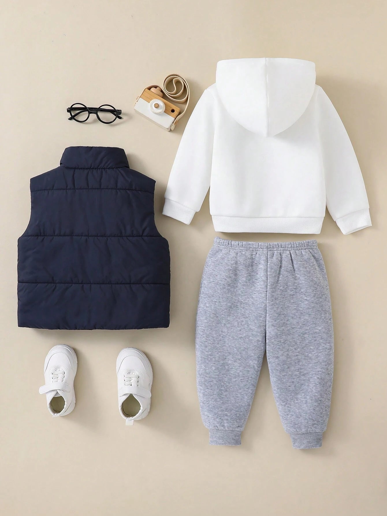 3pcs/Set Baby Boy Casual Cute Knitted Long Sleeve Hooded Sweatshirt, Elastic Waist Jogger Pants And Fleece Lined Vest