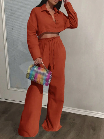 Slayr Casual Loose White Long Sleeve Cropped Shirt Top And Wide Leg Pants