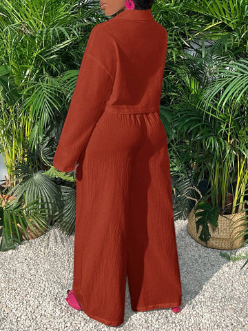 Slayr Casual Loose White Long Sleeve Cropped Shirt Top And Wide Leg Pants