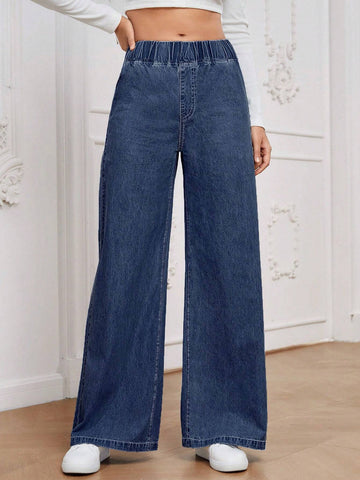 Essnce Solid Color Elastic Waist Denim Pants With Pockets