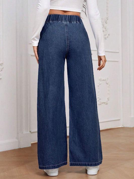 Essnce Solid Color Elastic Waist Denim Pants With Pockets