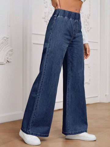 Essnce Solid Color Elastic Waist Denim Pants With Pockets