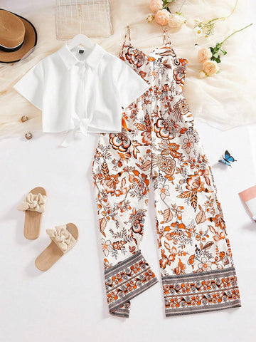 LUNE Casual Women Solid Color Tie Front Shirt And Floral Printed Spaghetti Strap Jumpsuit Set