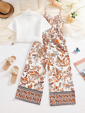 LUNE Casual Women Solid Color Tie Front Shirt And Floral Printed Spaghetti Strap Jumpsuit Set