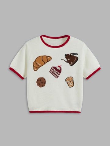 Knit Round Neckline Contrasting Binding Food Graphic Crop Top