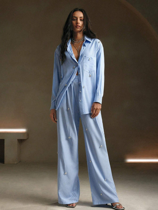 Anewsta 2pcs Chic Casual Office Lady Rhinestone Striped Shirt And Pants Suit Set