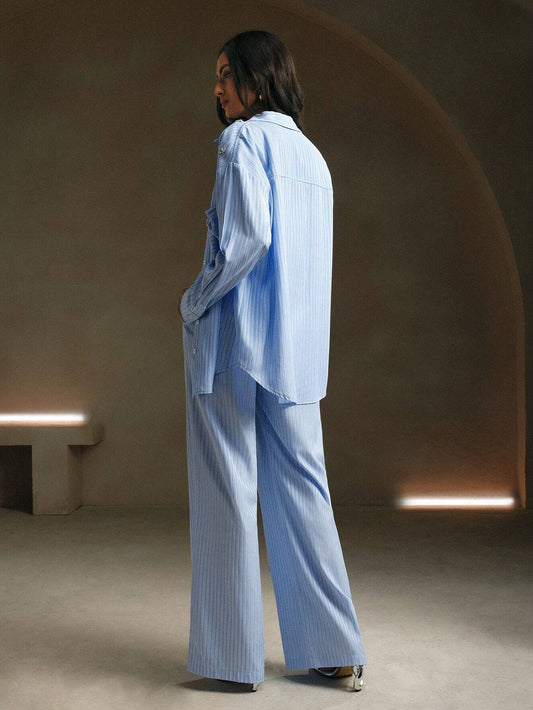 Anewsta 2pcs Chic Casual Office Lady Rhinestone Striped Shirt And Pants Suit Set