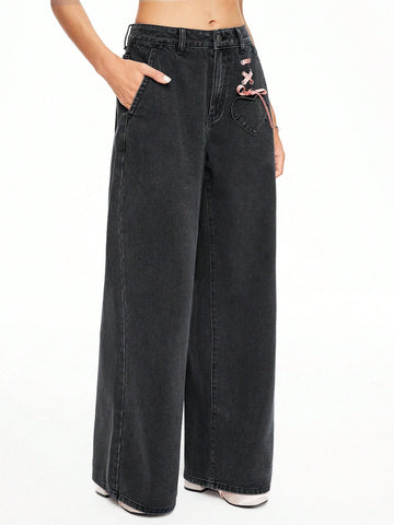 ROMWE Kawaii Lace Up Front Wide Leg Jeans