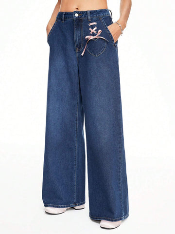 ROMWE Kawaii Lace Up Front Wide Leg Jeans