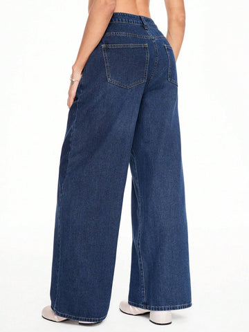 ROMWE Kawaii Lace Up Front Wide Leg Jeans