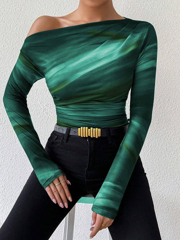 Priv� Marble Ombre Print Asymmetric Ruched Long Sleeve Top