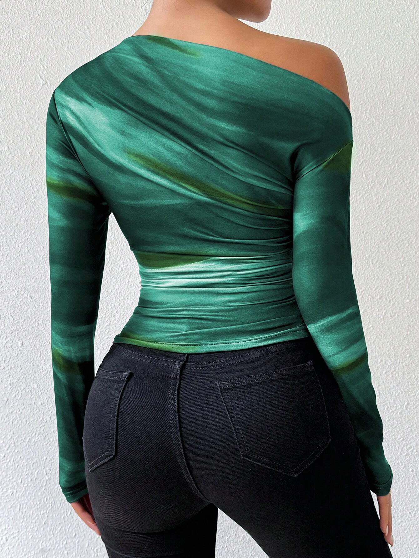 Priv� Marble Ombre Print Asymmetric Ruched Long Sleeve Top