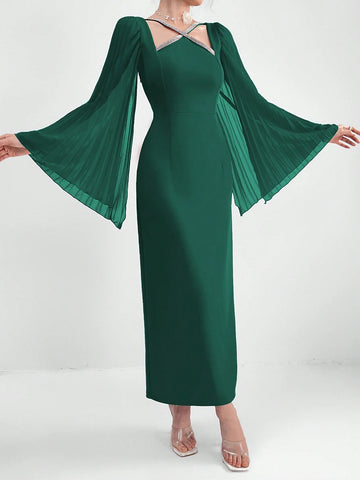 Modely Women Fashionable Solid Color Flared Sleeves Cross Design Dress