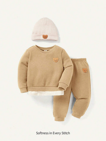 Cozy Pixies Baby Boys' Adorable Bear Pattern Sweatshirt, Pants And Hat Set