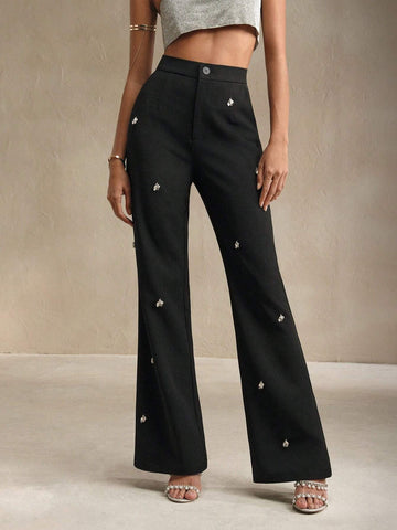 Anewsta Elegant Diamond Decor Flared Leg Pants