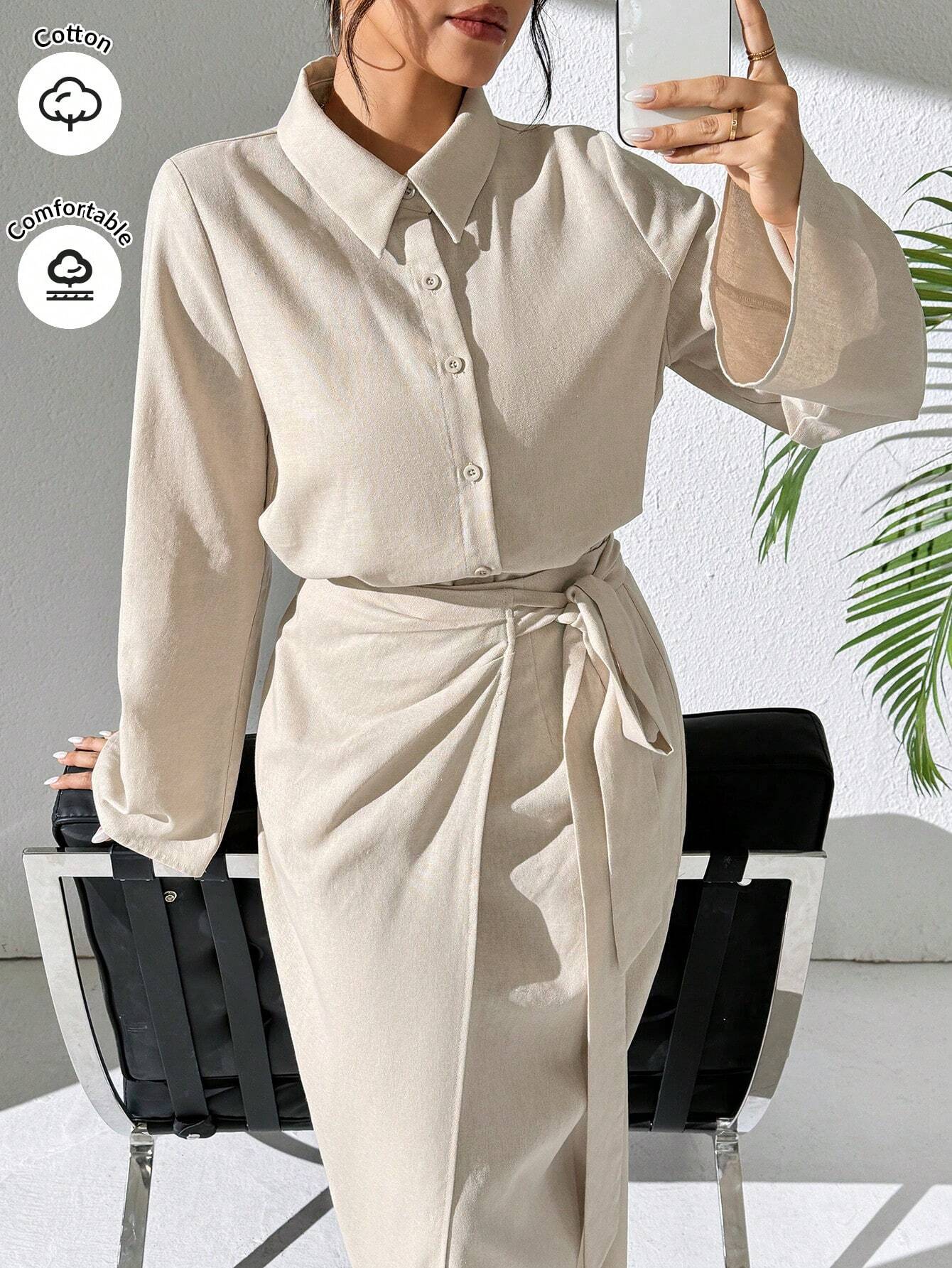 Mulvari Burgundy Red 2pcs Women's Casual Button-Up Shirt And A-Line Skirt Set