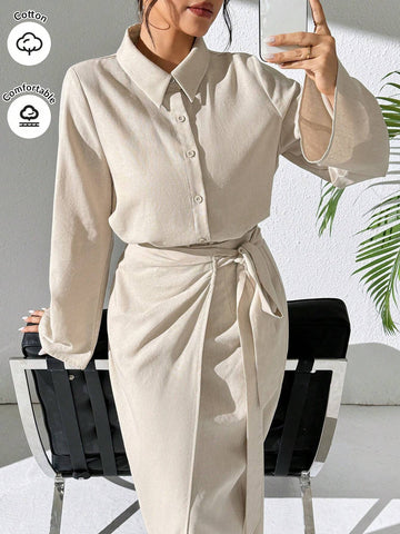 Mulvari Burgundy Red 2pcs Women's Casual Button-Up Shirt And A-Line Skirt Set