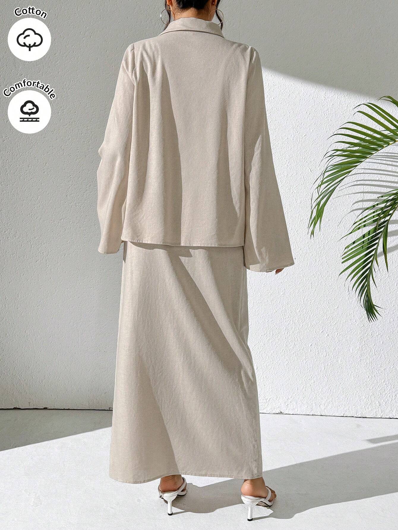 Mulvari Burgundy Red 2pcs Women's Casual Button-Up Shirt And A-Line Skirt Set