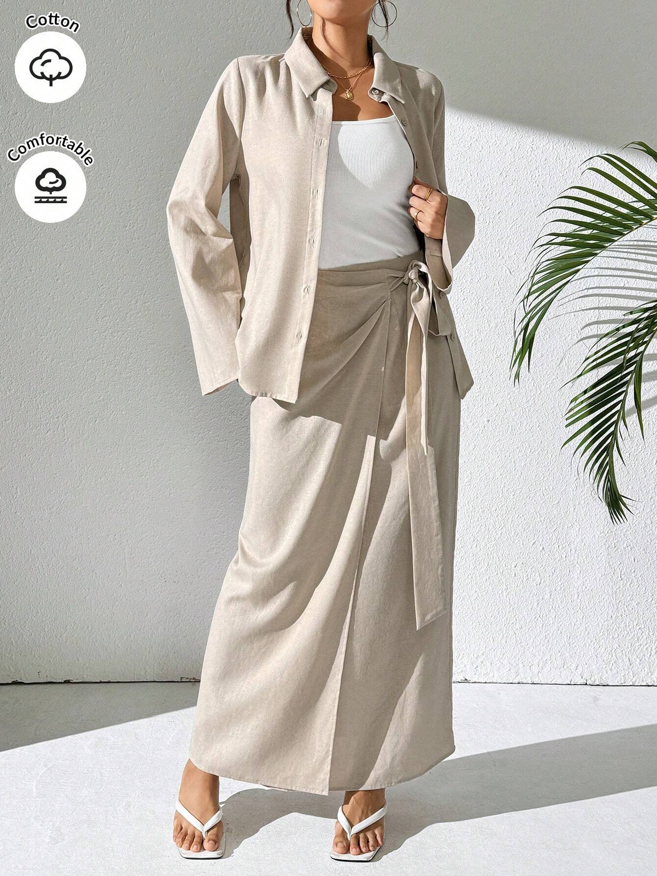 Mulvari Burgundy Red 2pcs Women's Casual Button-Up Shirt And A-Line Skirt Set