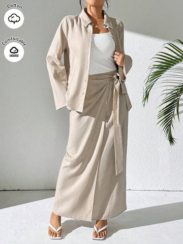 Mulvari Burgundy Red 2pcs Women's Casual Button-Up Shirt And A-Line Skirt Set