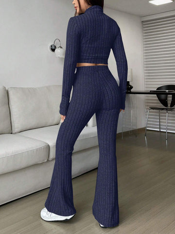 EZwear Spring ClothesWomen's Two Piece Set With Ribbed Long Sleeve Top And Flared Pants