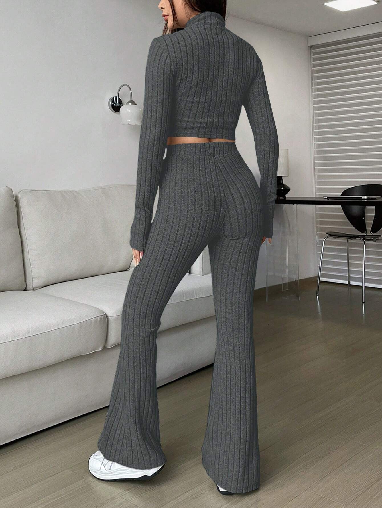 EZwear Spring ClothesWomen's Two Piece Set With Ribbed Long Sleeve Top And Flared Pants