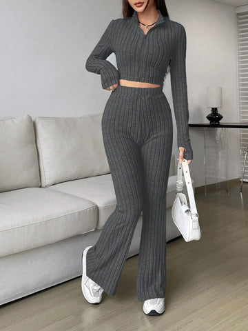 EZwear Spring ClothesWomen's Two Piece Set With Ribbed Long Sleeve Top And Flared Pants