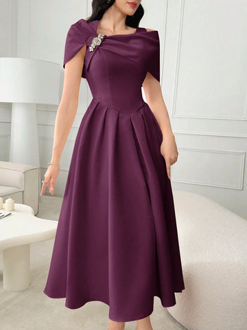 Modelyn Ladies Solid Color Asymmetrical Neckline Dress With Rhinestone Embellishment