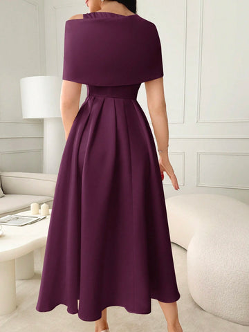 Modelyn Ladies Solid Color Asymmetrical Neckline Dress With Rhinestone Embellishment