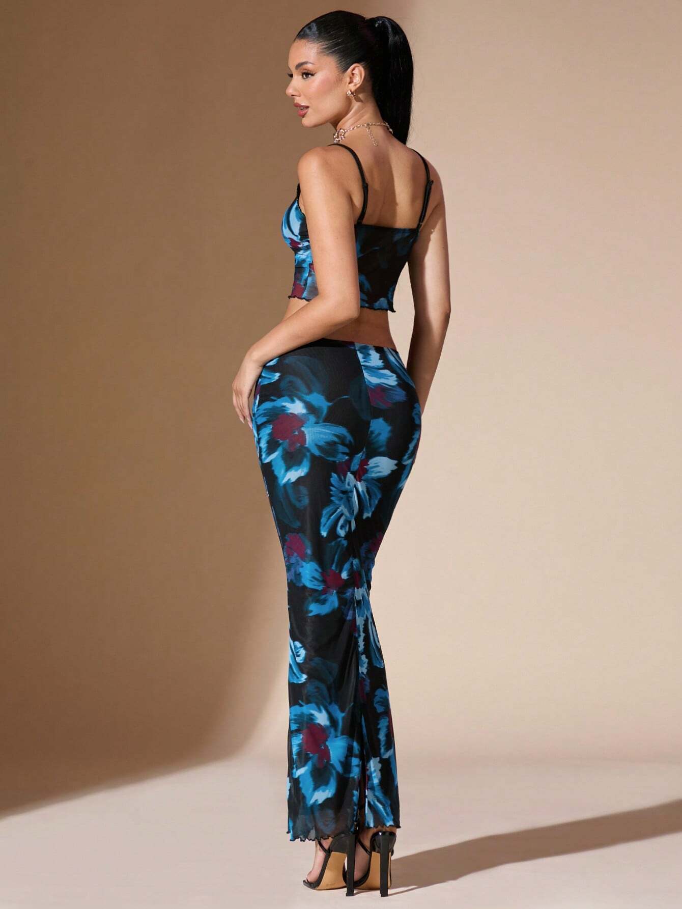BAE Elegant Vacation Mesh Floral Printed Crop Cami Top & Skirt Set